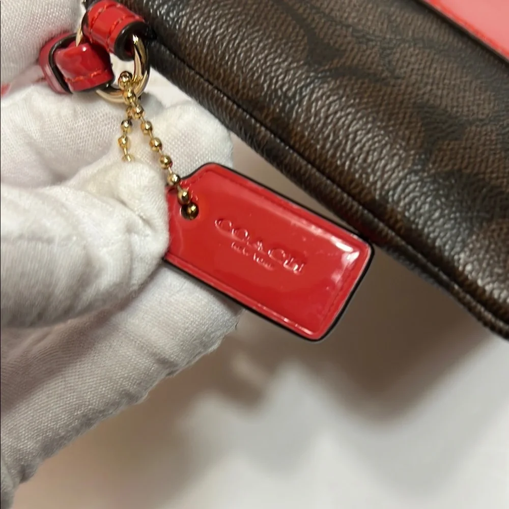 Coach Red Patent Stripe/Brown Corner Zipper Wristlet